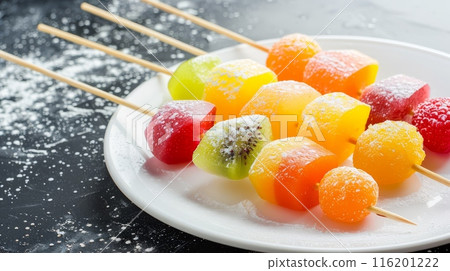 Colorful fruit skewers dusted with powdered sugar Colorful fruit skewers dusted with powdered sugar 116201222