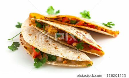 Close up of three delicious Mexican quesadillas Close up of three delicious Mexican quesadillas 116201223