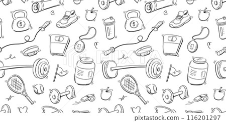 Doodle gym sketch health seamless pattern background. Hand drawn sketch doodle healthy sport, gym fit exercise equipment background. Hand drawn tennis ball, bottle, dumbbell fit. Vector 116201297