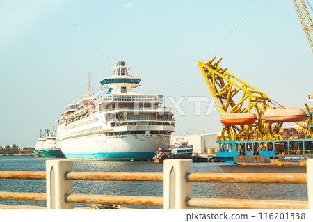CRUISES Cruise Ship, Cruise Liners beautiful white cruise ship above luxury cruise in the ocean sea at early in the morning time concept exclusive tourism travel on holiday. High quality photo 116201338