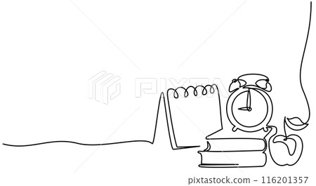 Apple, books, alarm clocks and globe. Education and study learning 116201357