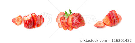 Strawberry pieces isolated, red berry cut set, fresh strawberries slices, summer food ingredient 116201422