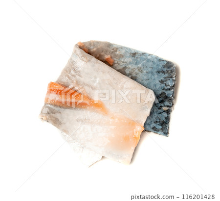 Salmon Skin Isolated, Asian Delicacy, Fish Skin Ready for Frying, Seafood Leftovers on White Background 116201428