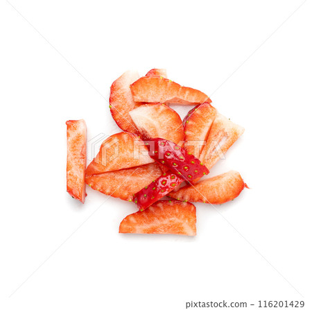Strawberry pieces isolated, red berry cut set, fresh strawberries slices, summer food ingredient 116201429