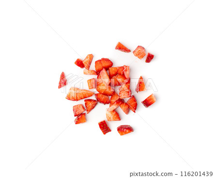 Strawberry pieces isolated, red berry cut set, fresh strawberries slices, summer food ingredient 116201439