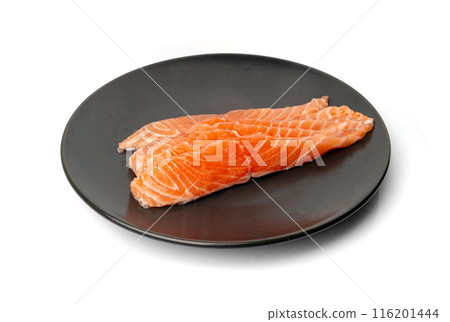 Fresh Salmon Fillet Slice Isolated, Raw Norwegian Red Fish, Trout Meat Piece on White 116201444