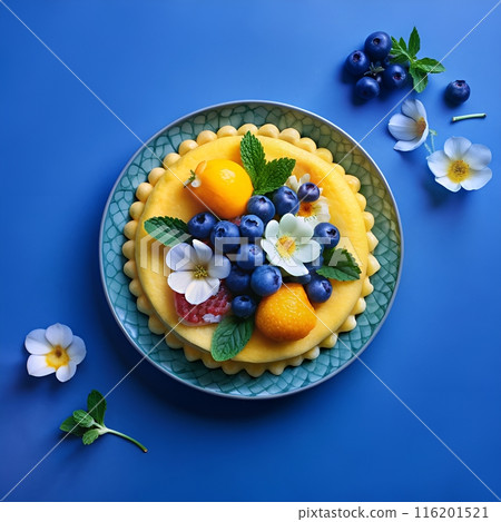 lemon cake decorated with flowers on blue background 116201521