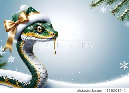 New Year's green snake in a New Year's hat, empty space for text 116201541