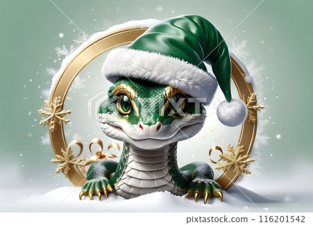 New Year's green snake in a New Year's hat, empty space for text 116201542