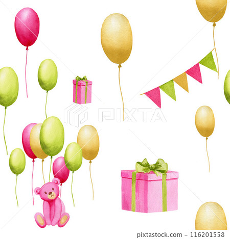 Seamless watercolor pattern with pink bear, gift box, flags, air balloons. Handmade watercolor illustration on white background for wrapping paper Seamless watercolor pattern with pink bear, gift box, flags, air balloons. Handmade watercolor illustration on white background for wrapping paper 116201558