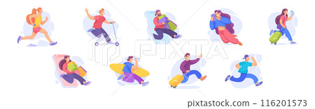 Happy People Characters Engaged in Active Motion Vector Illustration Set Happy People Characters Engaged in Active Motion Vector Illustration Set 116201573
