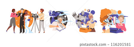 Writers and Journalists at Typewriter Engaged in Writing Process Creating Plot Vector Set Writers and Journalists at Typewriter Engaged in Writing Process Creating Plot Vector Set 116201581