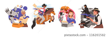 Writers and Journalists at Typewriter Engaged in Writing Process Creating Plot Vector Set Writers and Journalists at Typewriter Engaged in Writing Process Creating Plot Vector Set 116201582