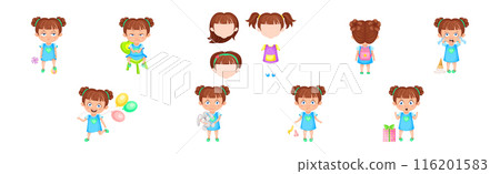 Cute Girl in Pretty Dress with Hairstyle Pose and Emotion Vector Set 116201583
