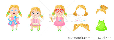 Cute Girl in Pretty Dress with Hairstyle Pose and Emotion Vector Set 116201588