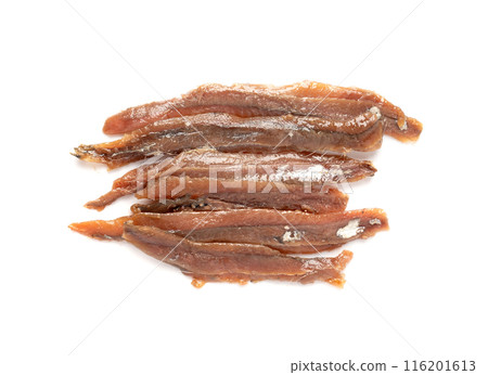 Canned anchovy fillet, marinated fish, traditional salted anchovy in oil on white 116201613