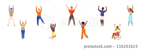 Happy and Rejoicing People Character Cheering Raising Hands Up Vector Illustration Set 116201623