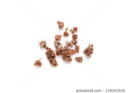 Finely chopped anchovy fillet, marinated fish, traditional salted anchovy in oil on white Finely chopped anchovy fillet, marinated fish, traditional salted anchovy in oil on white 116201626