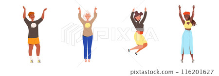 Happy and Rejoicing People Character Cheering Raising Hands Up Vector Illustration Set Happy and Rejoicing People Character Cheering Raising Hands Up Vector Illustration Set 116201627