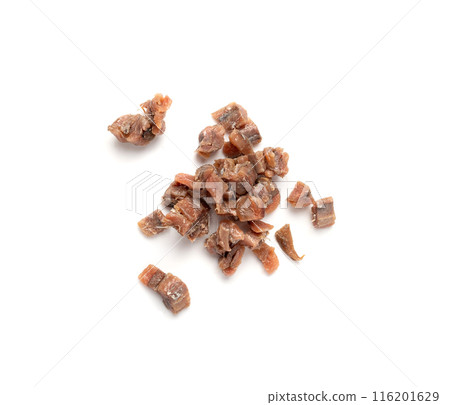 Finely chopped anchovy fillet, marinated fish, traditional salted anchovy in oil on white Finely chopped anchovy fillet, marinated fish, traditional salted anchovy in oil on white 116201629