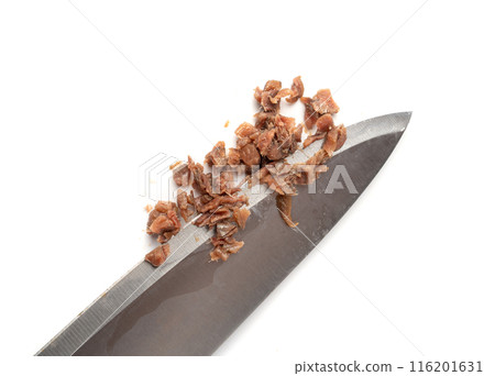 Finely chopped anchovy fillet, marinated fish, traditional salted anchovy in oil on white Finely chopped anchovy fillet, marinated fish, traditional salted anchovy in oil on white 116201631