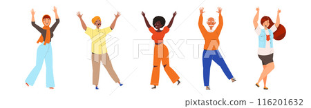 Happy and Rejoicing People Character Cheering Raising Hands Up Vector Illustration Set 116201632