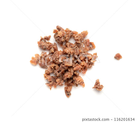 Finely chopped anchovy fillet, marinated fish, traditional salted anchovy in oil on white Finely chopped anchovy fillet, marinated fish, traditional salted anchovy in oil on white 116201634