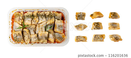 Salted Herring Fillet Isolated, Raw Pickled Fish Meat, Marinated Herring on White Background 116201636