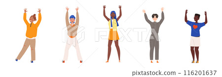 Happy and Rejoicing People Character Cheering Raising Hands Up Vector Illustration Set 116201637
