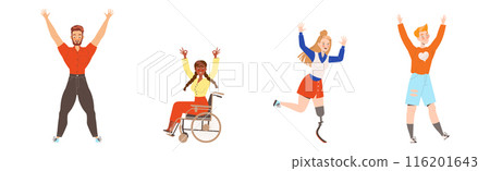 Happy and Rejoicing People Character Cheering Raising Hands Up Vector Illustration Set 116201643