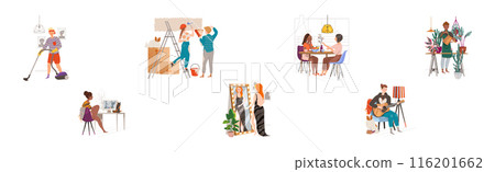 Happy People Character at Home Engaged in Different Activity Vector Set Happy People Character at Home Engaged in Different Activity Vector Set 116201662