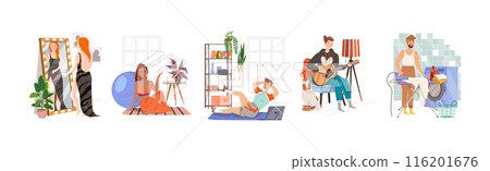 Happy People Character at Home Engaged in Different Activity Vector Set 116201676