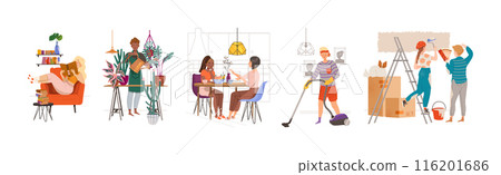 Happy People Character at Home Engaged in Different Activity Vector Set Happy People Character at Home Engaged in Different Activity Vector Set 116201686