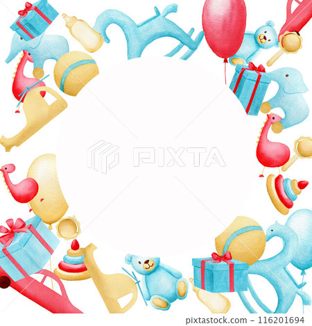 Postcard with toys, balloons, gift boxes, pyramid, helicopter, car, dinosaur, rocking horsehand, watercolor with round copy space, on white background Postcard with toys, balloons, gift boxes, pyramid, helicopter, car, dinosaur, rocking horsehand, watercolor with round copy space, on white background 116201694