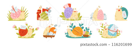 Cute Snail Character with Coiled Shell Carrying Envelope on Its Back Vector Set 116201699