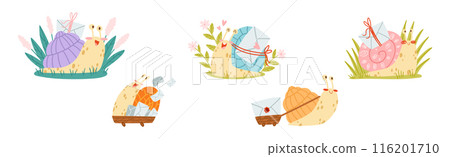 Cute Snail Character with Coiled Shell Carrying Envelope on Its Back Vector Set Cute Snail Character with Coiled Shell Carrying Envelope on Its Back Vector Set 116201710