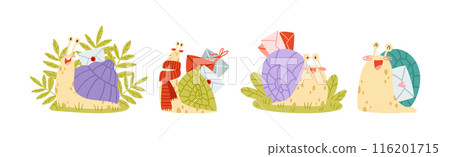 Cute Snail Character with Coiled Shell Carrying Envelope on Its Back Vector Set 116201715