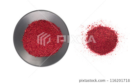 Sumac Powder Isolated, Red Sumach Ground Seasoning, Dry Sumak, Crushed Typhina Seeds Sumac Powder Isolated, Red Sumach Ground Seasoning, Dry Sumak, Crushed Typhina Seeds 116201718
