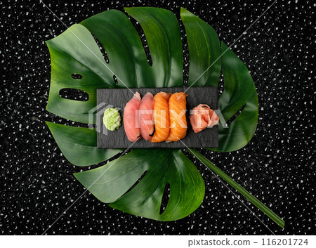 Top View Sushi Mockup, Sushi Rolls Template, Susi with Rice and Raw Fish Banner, Asian Food 116201724
