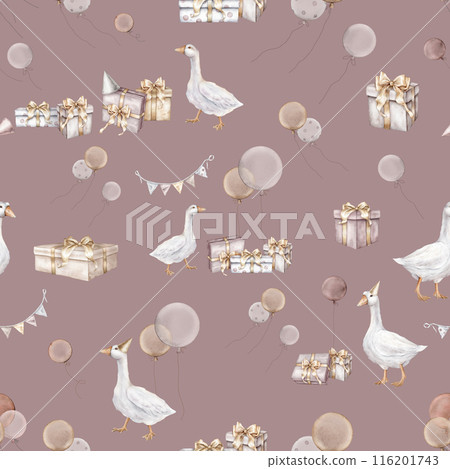 Watercolor repeat seamless pattern with Air Balloons and confetti and goose on isolated background. Hand drawn illustration for Happy birthday with bird. Gifts and girlande flags on pastel colors. 116201743