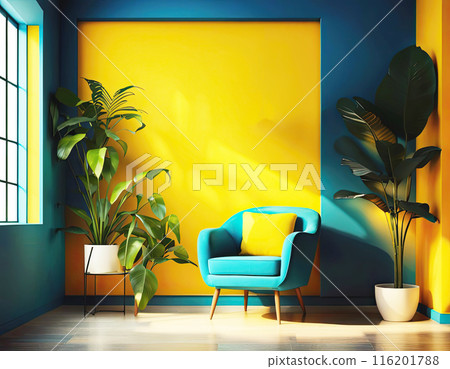Surreal shadow graphic interior, detailed with a house plant, blue armchair, and a hanging lamp, yellow empty wall with frame mockup, big window 116201788