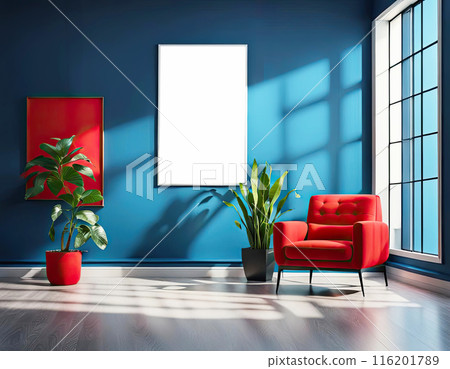 Surreal shadow graphic interior, detailed with a house plant, orange color armchair, and a hanging lamp, blue empty wall with frame mockup, big window 116201789