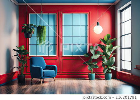 Surreal shadow graphic interior, detailed with a house plant, blue armchair, and a hanging lamp, yellow empty wall with frame mockup, big window 116201791