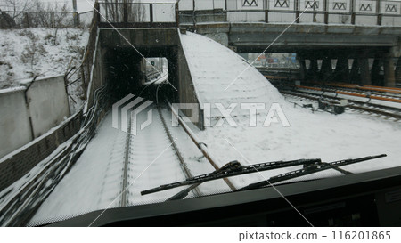 A subway train runs to the station. The train goes through the tunnel on the rails. 116201865
