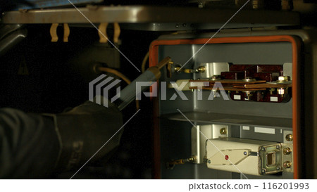 Electrician undergoing renovations. Off electricity. Electrical connection. Electro panel board. Electrician undergoing renovations. Off electricity. Electrical connection. Electro panel board. 116201993