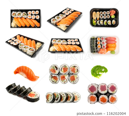Futomaki Philadelphia Sushi Rolls Top View Isolated Futomaki Philadelphia Sushi Rolls Top View Isolated 116202004