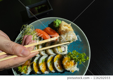 Sushi Plate, Fish Maki Rolls, Japan Seafood, Sushi Set, Asian Dinner, Tradition Nigiri Susi Sushi Plate, Fish Maki Rolls, Japan Seafood, Sushi Set, Asian Dinner, Tradition Nigiri Susi 116202033