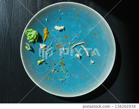 Dirty Plate, Empty Bowl after Dinner, Finished Lunch, Salad and Smeared Sauce on Blue Plate Dirty Plate, Empty Bowl after Dinner, Finished Lunch, Salad and Smeared Sauce on Blue Plate 116202038