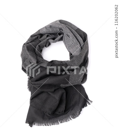 Scarf Isolated, Warm Gray Neckerchief, Autumn Shawl, Single Wool Scarf on White Background 116202062