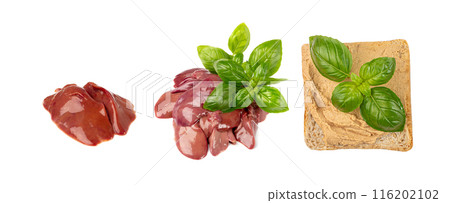 Meat Paste with Basil on Toast Bread Isolated, Pate Sandwiches, Terrine Toasts, Chopped Liver Mousse on Bread, Meat Paste Canape on White 116202102